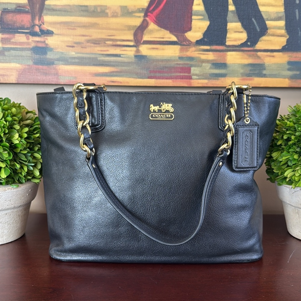 COACH MADISON 🖤💜BLACK💜🖤 PEBBLED LEATHER SHOULDER TOTE BAG 🌟EUC🌟 - Picture 4 of 17